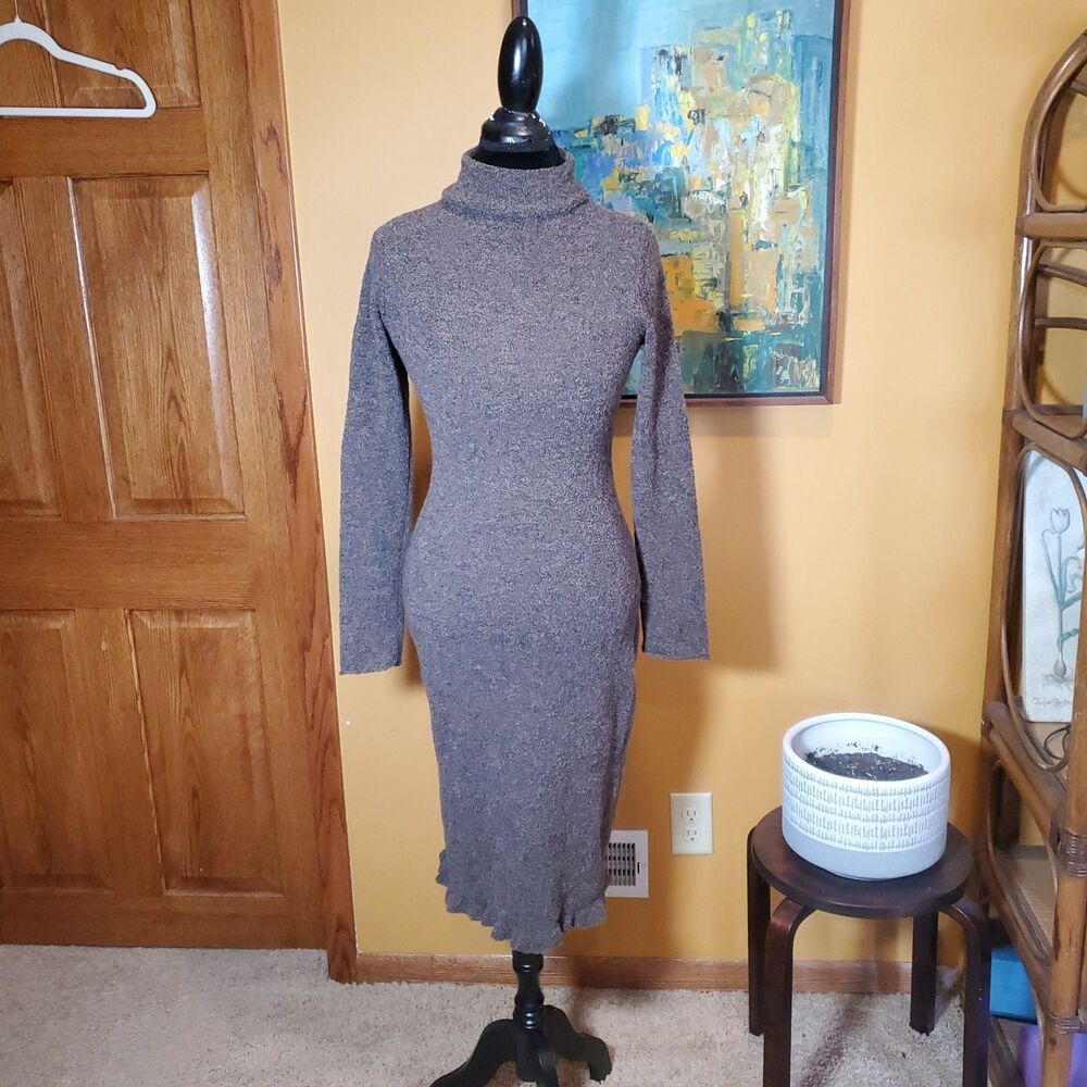 J. Jill Sz XS Ruffle Merino Wool Dress Brown Turtleneck Boucle Knit Long Sleeve